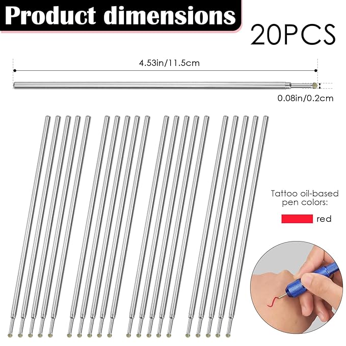 20pcs Tattoo Stencil Pen Refills, Fine Point Skin Marking Pen Tattoo Outline Microblading - Aluminum Alloy Core for Artists（RED)