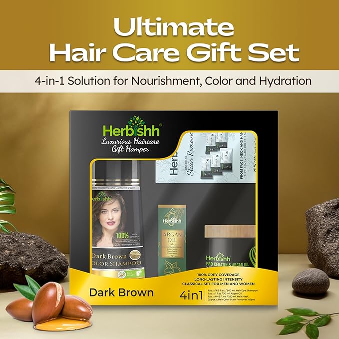 Herbishh Hair Color Shampoo for Gray Hair – Natural Hair Dye Shampoo – Lasts Up To 3-4 Weeks – 500ML – 3-In-1 Hair Color – Colors, Cleanses, and Conditions (Dark Brown Gift Set)