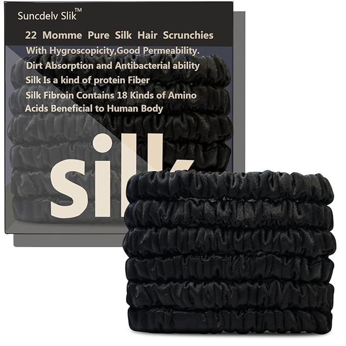 Suncdelv Silk,100% Silk Scrunchies for Hair,22 Momme Hair Ties for Anti-Crease & Breakage,Natural Women Hair Accessories，Fashion Hairbands 6PCS(Black）
