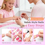 16 Sizes Press on Nails Kit for Kids - 32 Pieces French Almond Fake Nail Tips for Girls 8-12 Years Old with Jelly Nail Adhesives & No-Lamp Nail Glue, Birthday Christmas Gifts (Rose Pink Grid)