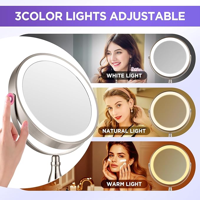 20x Magnifying Mirror with Light, 3 Color Modes and Adjustable Brightness with Lighted Makeup Mirror, Side Charging Port & SideTouch Sensor, 360° Rotation Double Sided Brushed Nickel