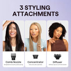 Wavytalk Hair Dryer with Diffuser, Blown Away Ionic Hair Dryer for Curly Hair with Comb, 1875W Fast Drying Blow Dryer with Ceramic Technology, 3 Attachments for All Hair Types, Light and Quiet, Black