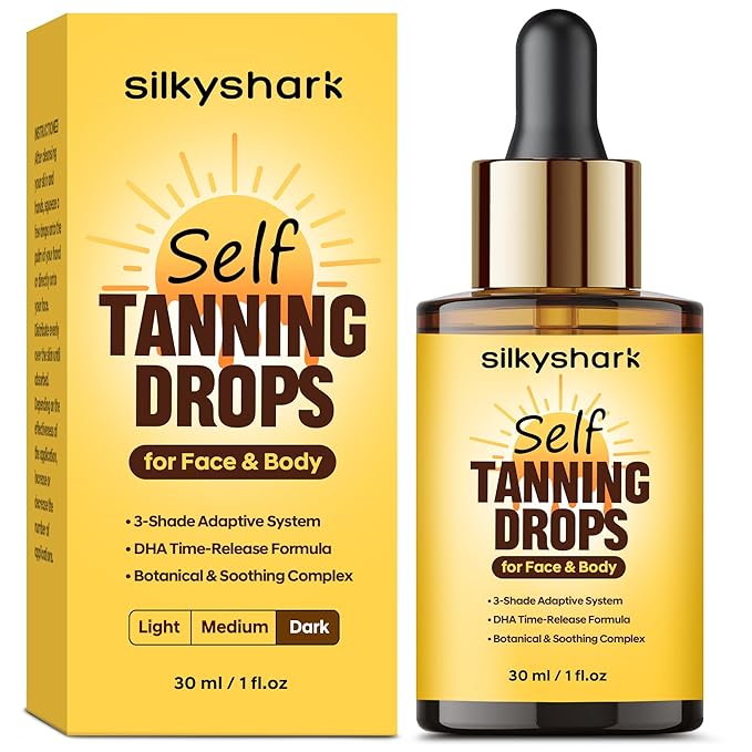 Facial Self Tanning Drops (1 Fl Oz), Tanning Drops for Face & Body, Gradual Bronzing Effect, Lightweight Tanner for Sensitive Skin, Natural Sun-Kissed Glow, Dark Shade