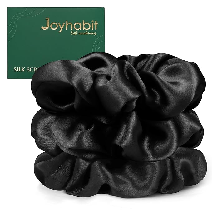 Joyhabit Silk Scrunchies for Women and Girls, Black, 3 Pieces, 4CM Hair-Friendly Cute & Durable Hair Ties for Women, Great for Bedtime and Everyday Style