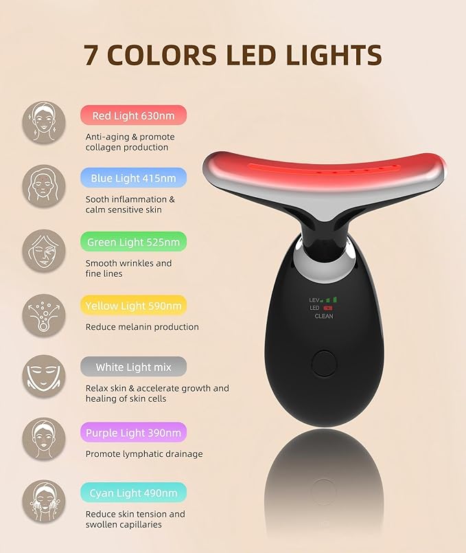 Red Light Therapy for Face and Neck, 7 Color Light Based Face Massager Tool, Portable Skin Care Tool for Firming, Tightening and Lifting (Glossy Black)