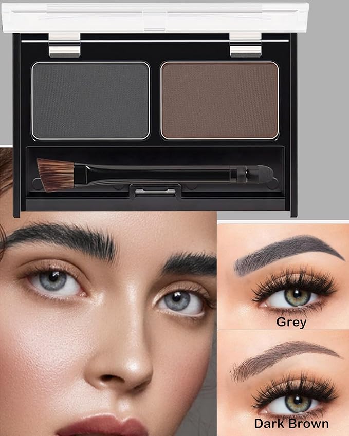 Eyebrow Powder Makeup Kit,2 Colors Waterproof Eye Brow Powder Makeup Palette Long-Lasting for Women,Grey Dark Brown Brow Fill&Sculpt Natural Eyebrow Contour for Sparse Brow with Brow Brush &Razor-04