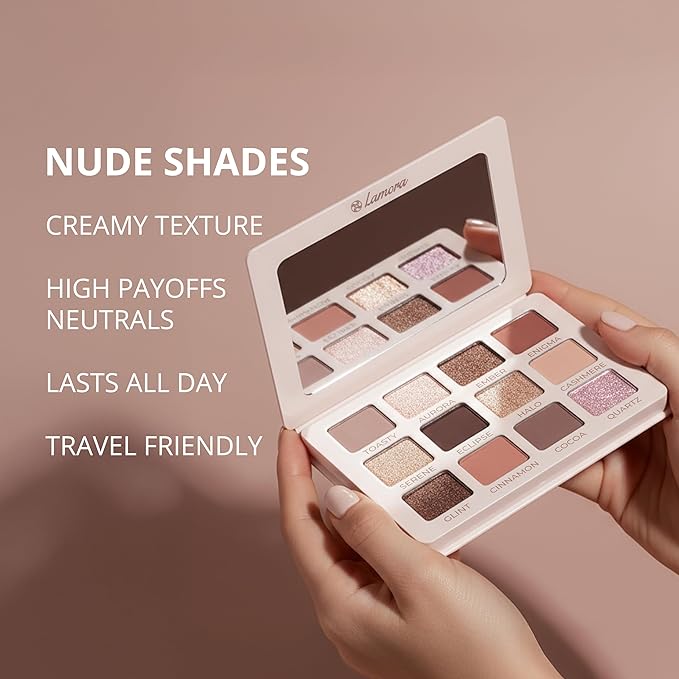 Lamora Nude Eyeshadow Palette - 12 Soft Pink Rose Shadows, Multi-Use Eye Makeup Palette with Matte & Shimmer Finishes, Ultra-Blendable Everyday Neutrals, Long-lasting Wear, Travel Makeup with Mirror