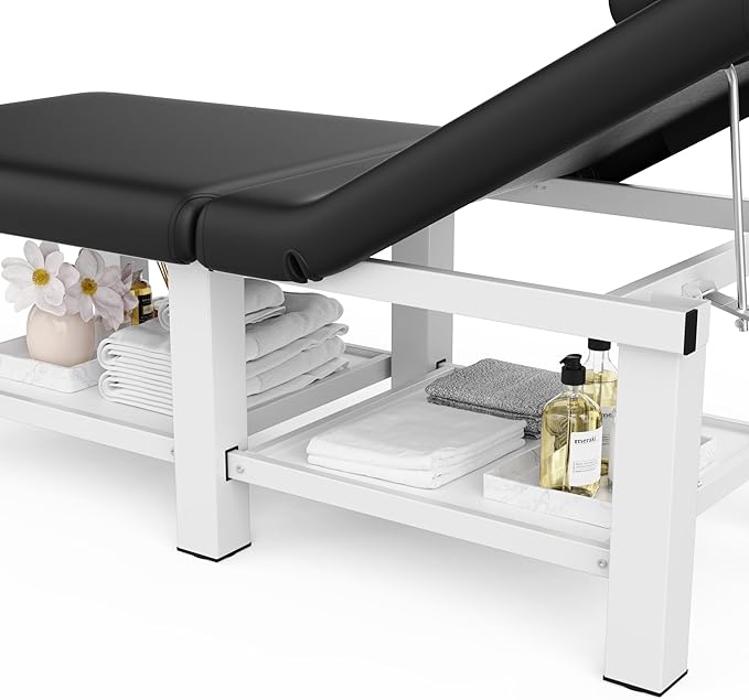 30.5'' Wide × 75'' Long Folding Stationary Massage Table with Backrest and Storage Space for Treatment Table Physical Therapy Table Spa Facial Bed, 6 Square legs, Metal Frame PU Leather - Black
