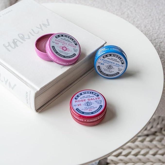 C.O. Bigelow Assorted Salve Tins, Pack of 3 Lip Balm Tins, Rose, Lavender, and Sakura Rose All Purpose Salve for Lips, Cuticles, Hands & Dry Skin, Lip Balm Set, 0.8 oz