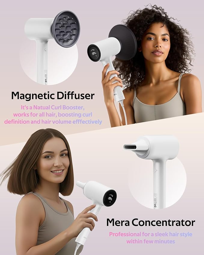 Professional Hair Dryer with Diffuser (Mera ProMax Ionic-X) - Fast Drying, Anti-Static Blowdryer Full Tool Set for Women & Stylists, 1-Button Cooling Mode, cUL Certified, Self-Cleaning, LED Screen