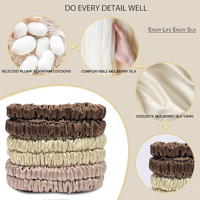 Suncdelv Silk,100% Silk Scrunchies for Hair,22 Momme Hair Ties for Anti-Crease & Breakage,Natural Women Hair Accessories，Fashion Hairbands 6PCS(Coffee, Beige, Rose Gold)