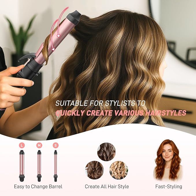 Automatic Curling Iron 1 Inch with 3-in-1 Interchangeable Barrels, Anti-Tangle Beach Waves Hair Curler, Beginner Friendly Dual Voltage Travel Curling Wand for Long Short Hair Pink, Gifts for Women Pro