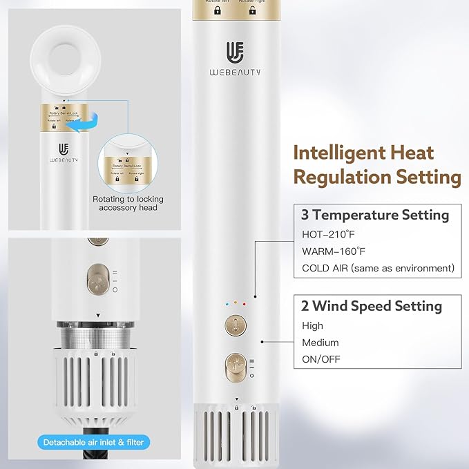 Hair Dryer Hot Air Styler: High-Speed Blow Dryers with Negative Ionic for Fast Drying Frizz Control, Extra Long Barrel 1 1/4 Inch Curling Iron Airflow Auto Wrap Curler for Quick Styling (White)