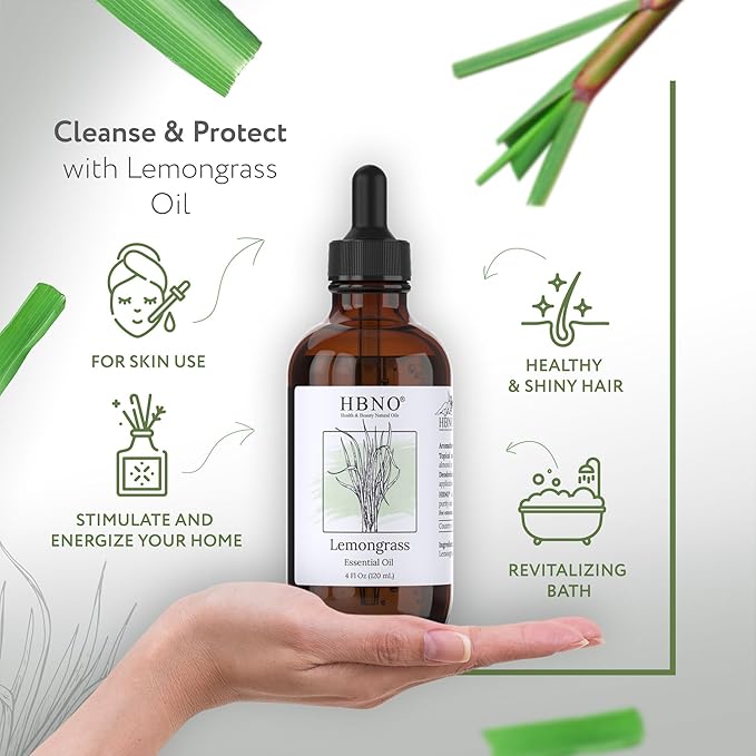 HBNO California Bottled Lemongrass Essential Oil 4 fl oz (120ml) - Natural Lemongrass Oil, Perfect for Cleaning, Aromatherapy, DIY, Soap & Diffuser -