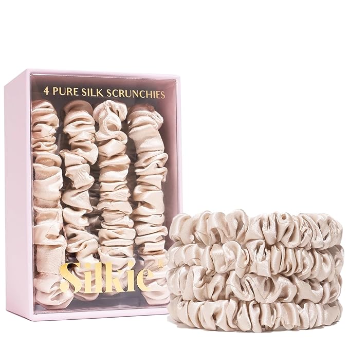 SILKIE x4 Set 100% Pure Mulberry Silk Black Brown Chocolate Pink Nude Neutral Skinny Scrunchies Travel Pouch Everyday Hair Ties Elastics Hair Care Ponytail Holder No Damage (Champagne)