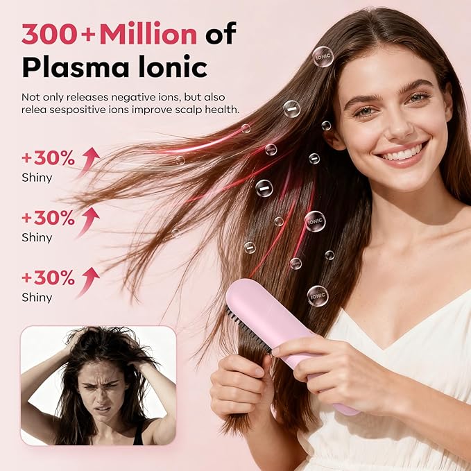 Go Brush Pro 2026 Hair Straightener Brush 300 Million Negative Ionic Portable Hair Straightener Comb for Women with 4 Temps Fast Heating MCH Ceramic Coating Smooth Frizz Hair Light Pink