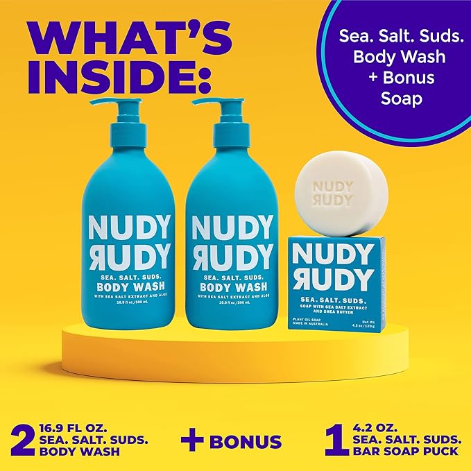 Nudy Rudy Sea Salt Suds 2 Pack, Liquid Body Wash Bundle with Bonus Soap Bar, Aloe Vera and Vitamin E, Moisturizing Shower Gel and Hand Soap for Men and Women 16.9 fl oz and 4.2 oz