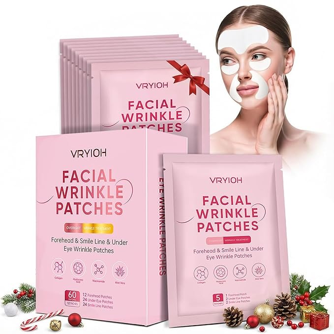 3 IN 1 Forehead, Smile Line & Under Eye Wrinkle Patches, Overnight Facial Wrinkle Treatment with Hyaluronic Acid, Collagen to Lift Lines for Women, 60 Patches
