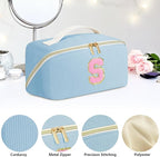 Personalized Initial Makeup Bag, Valentine's Day Gifts for Girls,Preppy Bag Cosmetic Travel Bag Women,Travel Toiletry Organizer,Large Capacity Corduroy Stuff Bag,Cute Cosmetic Pouch Skincare Bag