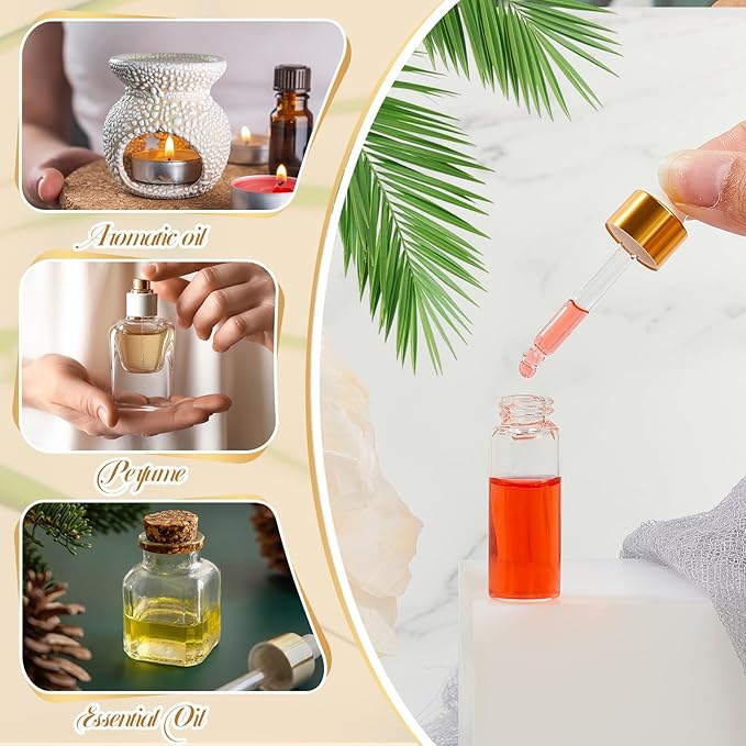 200 Pcs Mini Glass Oil Dropper Bottle Bulk, Clear Essential Small Empty Bottles Sample Containers Perfume Liquid Vials with Cap for Traveling (5 ml,Gold)