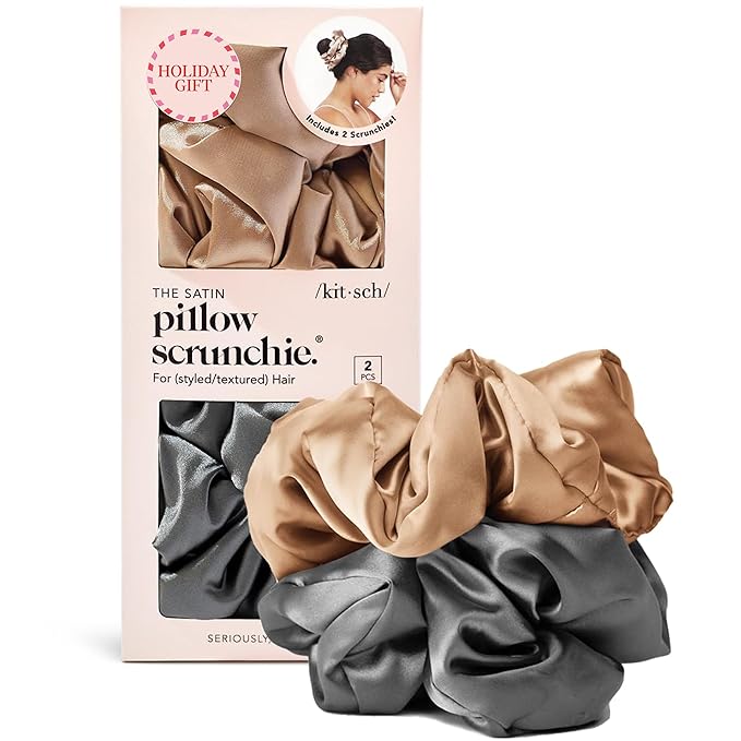 Kitsch Satin Scrunchies for Women - No Crease Hair Ties for Girls | Big Scrunchies for All Hair Types and Textures, Perfect for Day or Night | Ideal Gifts for Women - 2 Pcs, Charcoal and Gold