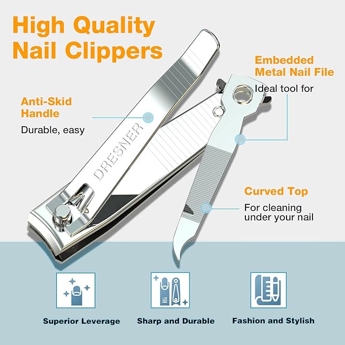 2PCS Stainless Steel Nail Clippers Set, Professional Fingernail and Toenail Clippers Wide Easy Press Lever Nail Trimmer with Swing Out Cleaner File for Men and Women