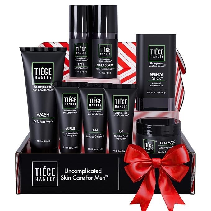 Tiege Hanley Skin Care Set for Men, Rejuvenation Routine, System Level 5, Face Wash, Scrub, Moisturizers, Eye Cream, Serum, Clay Mask, & Retinol Stick for Healthy Skin, Men’s Skin Care, 8 Piece Kit