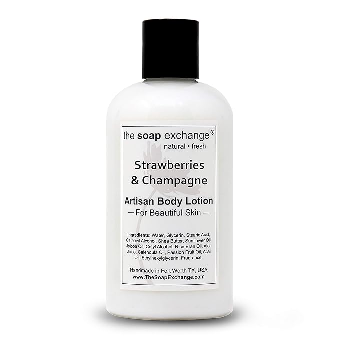 The Soap Exchange Body Lotion - Strawberries & Champagne Scent - Hand Crafted 8 fl oz / 240 ml Natural Artisan Skin Care for Hand, Face, & Body, Moisturize, Hydrate, & Protect. Made in the USA.