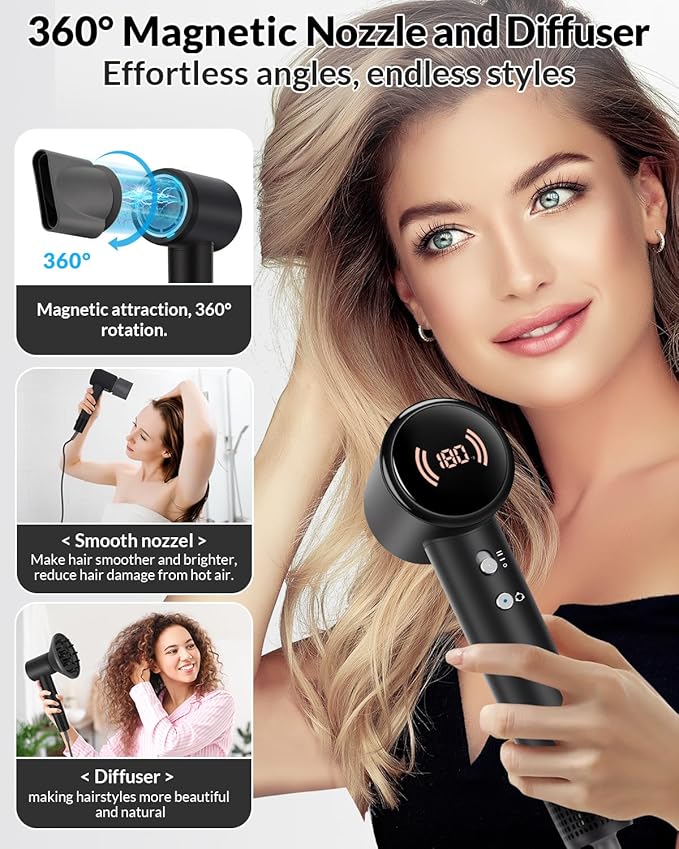 Hair Dryer,Travel Hair Dryer with Diffuser,110000 RPM High Speed Ionic Blow Dryer,Temperature Display,Low Noise&Lightweight Blow Dryer,Fast-Drying,No Heat Damage,Suitable for All Hairstyles(Black)