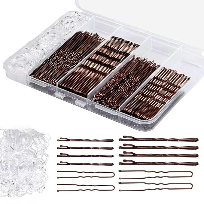 300 Pcs Bobby Pins Hair Pins Kit with Storage Box, 100 Brown Non - Slip Bobby Pins, 100 Invisible Hair Pins for Women and 100 Clear Hair Elastics, Lock in the Style for All Hair Types & Ages