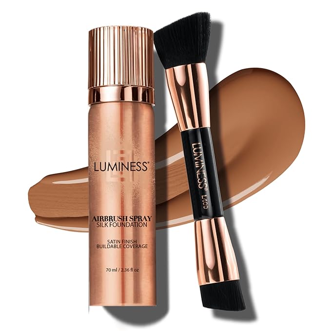 LUMINESS Face Time All In One Makeup Kit - Includes Face Palette, Airbrush Foundation, and Makeup Brush - Long-Wearing, Silky, Soft, Easy to Blend, 3-PC Make Up Set (10 - Tan)
