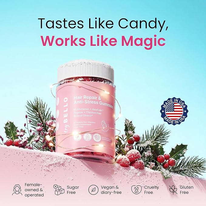 Trybello Hair Growth & Anti-Stress Gummies for Women | Powered by AnaGain — Plant-Based Biotin | Sugar-Free, Vegan Hair Supplements | Gluten-Free Gummy Vitamins for Thicker Healthier Hair | 60 Gummies