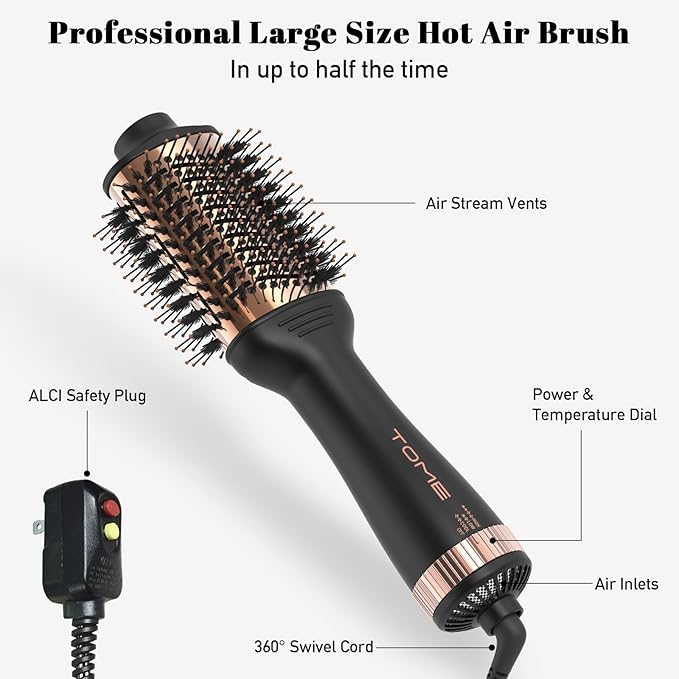 Blow Dryer Brush, Hair Dryer Brush in One, 1200W Large Oval Hot Air Volumizer & Straightener, Anti-Frizz Blowout Styling Brush, Dual Voltage 110–240V (3 Inch) Black