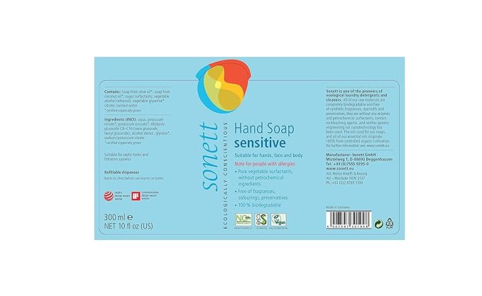 Sonett Organic Hand Soap Sensitive Liquid Body Care Suitable For Hands, Face And Body (1 Count) Certified Organically Grown