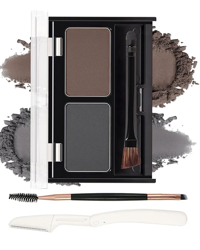 Eyebrow Powder Makeup Kit,2 Colors Waterproof Eye Brow Powder Makeup Palette Long-Lasting for Women,Grey Dark Brown Brow Fill&Sculpt Natural Eyebrow Contour for Sparse Brow with Brow Brush &Razor-04
