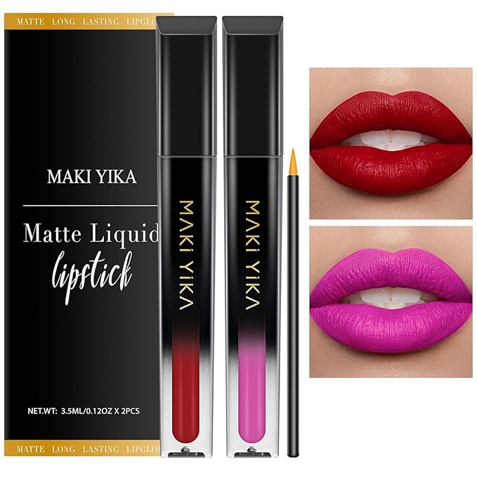 MAKI YIKA 2Pcs Matte Liquid Lipstick Set MVP Red Hot Pink Lipstick Long Lasting Smudgeproof Transfer Proof Lip Makeup, MVPRed/HotPink