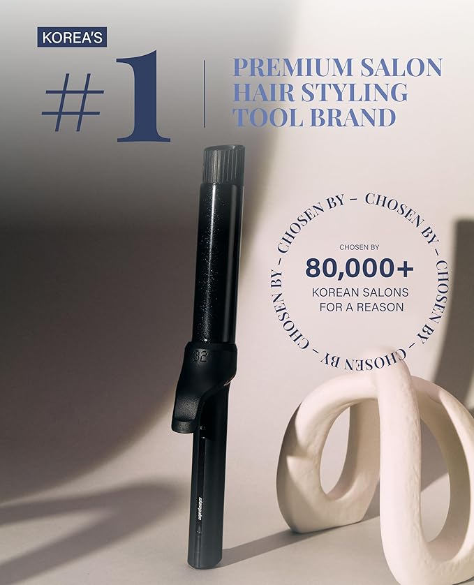 GLAMPALM Professional Curling Iron 1.4" - Long Barrel Ceramic Hair Curler for Women, Korea's No.1 Salon Hot Tool, 5 Temps & 30s Heat-up, 3D Swivel Cord & Dual Voltage, Black (GP628) (1.4")