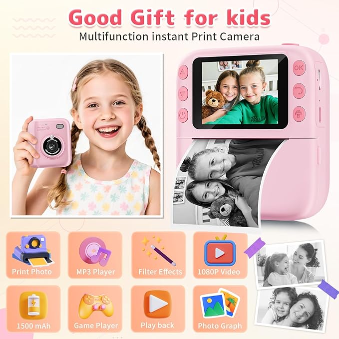 Instant Print Camera for Kids, Christmas Birthday Gifts for Girls Boys, 1080P Instant Digital Print Cameras for Toddler,Portable Toy for 4 5 6 7 8 9 10 Year Old Girl with 32GB SD Card，Pink