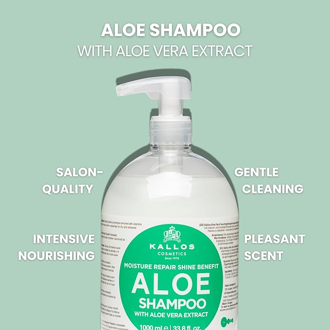Kallos KJMN Aloe Vera Moisture Repair Shine Shampoo with for dry and damaged hair with a aloe vera extract – Pump 1000 ml - 33,81 Fl Oz