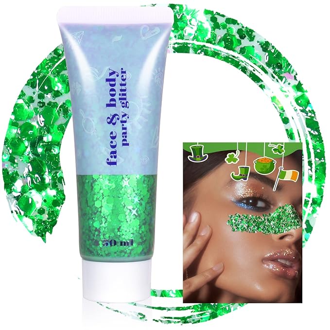 Boko 50ML Body Glitter Gel, Green St. Patrick's Day Chunky Glitter Gel for Face Hair Body Sparkle Makeup, Mermaid Face Glitter Sequins for St. Patrick's Day Concert Party Rave Accessories