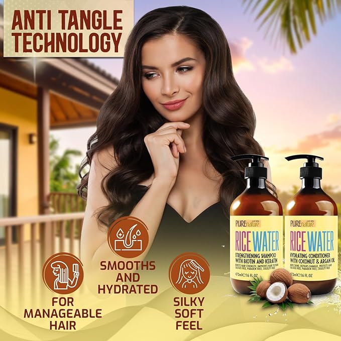 Rice Water Shampoo and Conditioner Set - Sulfate Free Formula for Fine Hair Women and Men - Volumizing and Thickening Formula for Thinning Strands - 16 Fl Oz (Set of 2)