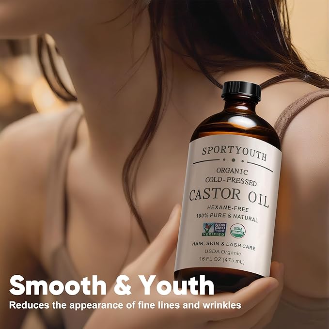 SPORTYOUTH Castor Oil Organic, Cold Pressed, Hexane Free, USDA Certified 100% Pure Glass Bottle 16oz Non-GMO Unrefined Carrier Oil for Hair Growth, Face, Castor Oil Pack, Eyelashes, Brows, Skin