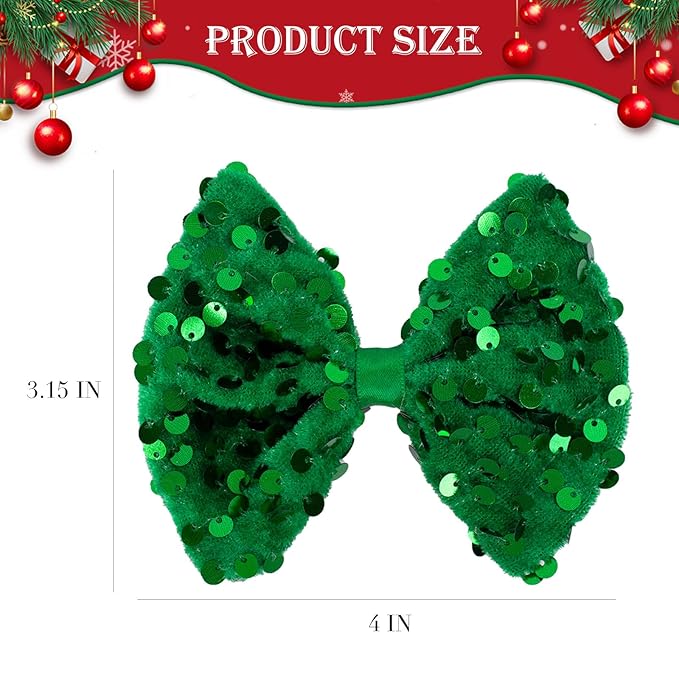 Velvet Sequin Hair Bows Elegant Green Bow for Women Girls, 4in Glitter Handmade Hair Clips Alligator Clips Sparkly Ponytail Holder Hair Accessories for Christmas, Birthday Party, Wedding, Valentines