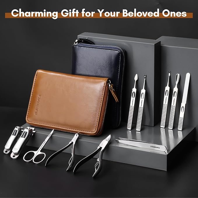 FAMILIFE Manicure Set, Professional Manicure Kit Nail Clippers Set 11 in 1 Stainless Steel Pedicure Tools Nail Kit Men Grooming Tool with Portable Brown Leather Travel Case Luxury Gifts for Him