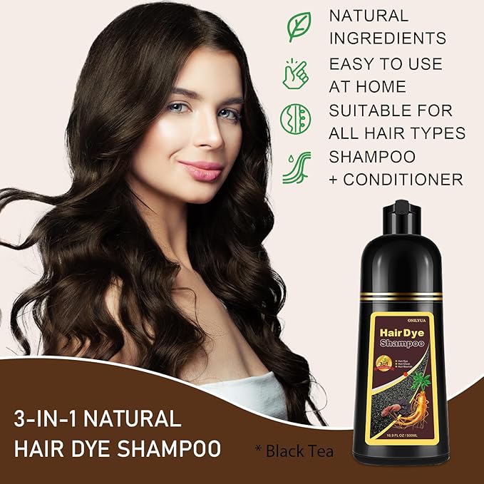 Natural Black Tea Hair Dye Shampoo 3-in-1, 100% Gray Hair Coverage in Minutes, Hair Instant Dye Shampoo for Women Men, Plant Based Hair Color Shampoo with Conditioner, Champu Con Tinte Para Canas