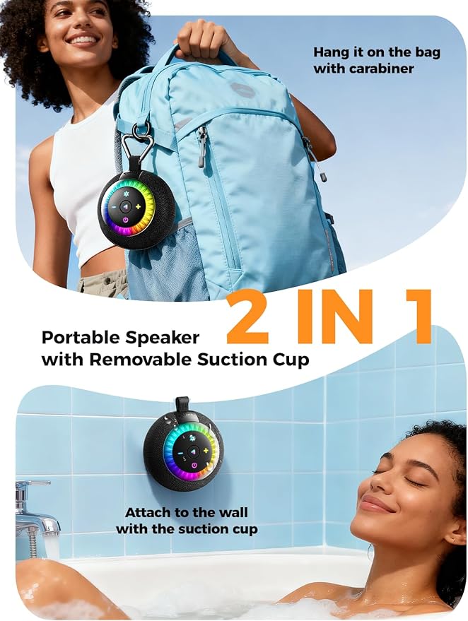 Shower Speaker Bluetooth Waterproof Portable: Birthday Christmas White Elephant Gifts Stocking Stuffers for Adults Teens, IPX7 Loud Sound with Suction Cup Removable, Cool Gadgets with Light-Black
