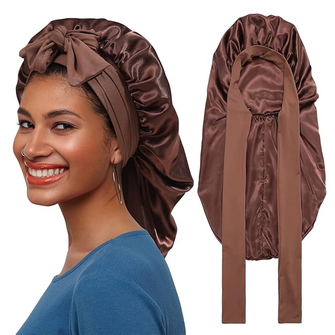 AWAYTR Long Satin Bonnet for Braids - Elastic Silk Hair Bonnets for Sleeping Night Cap Stretchy Tie Band for Women（Brown）