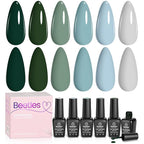 Beetles Green Gel Nail Polish Set, 6 Colors Dark Green Gray Blue Baby Blue Color Gel Nail Polish Misty Soak Off DIY Home Uv Nails Gifts for Women Girls