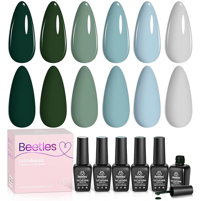 Beetles Green Gel Nail Polish Set, 6 Colors Dark Green Gray Blue Baby Blue Color Gel Nail Polish Misty Soak Off DIY Home Uv Nails Gifts for Women Girls