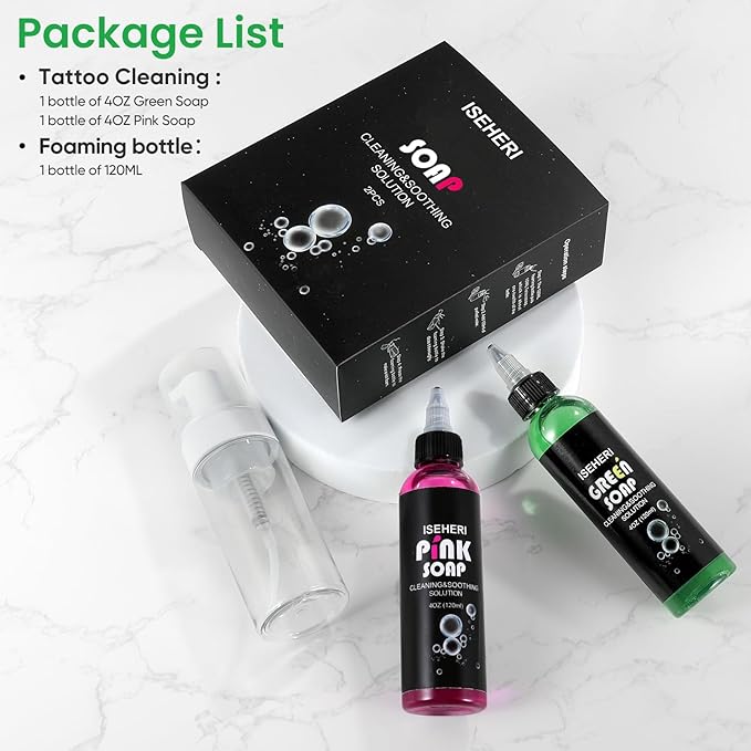 2PCS Ultra Concentrated Tattoo Soap 4OZ with Foaming Bottle 120ml, Tattoo Supplies for Tattoos Piercings, Clean Skin Equipment（Green&Pink）